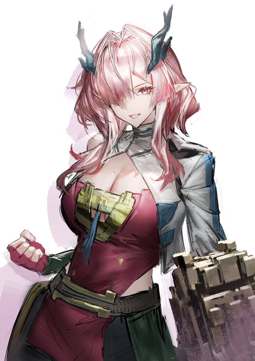 明日方舟、明日方舟：终末地、弥伏 (明日方舟) 1名女孩 蓝角 乳房 乳沟 紧握的手