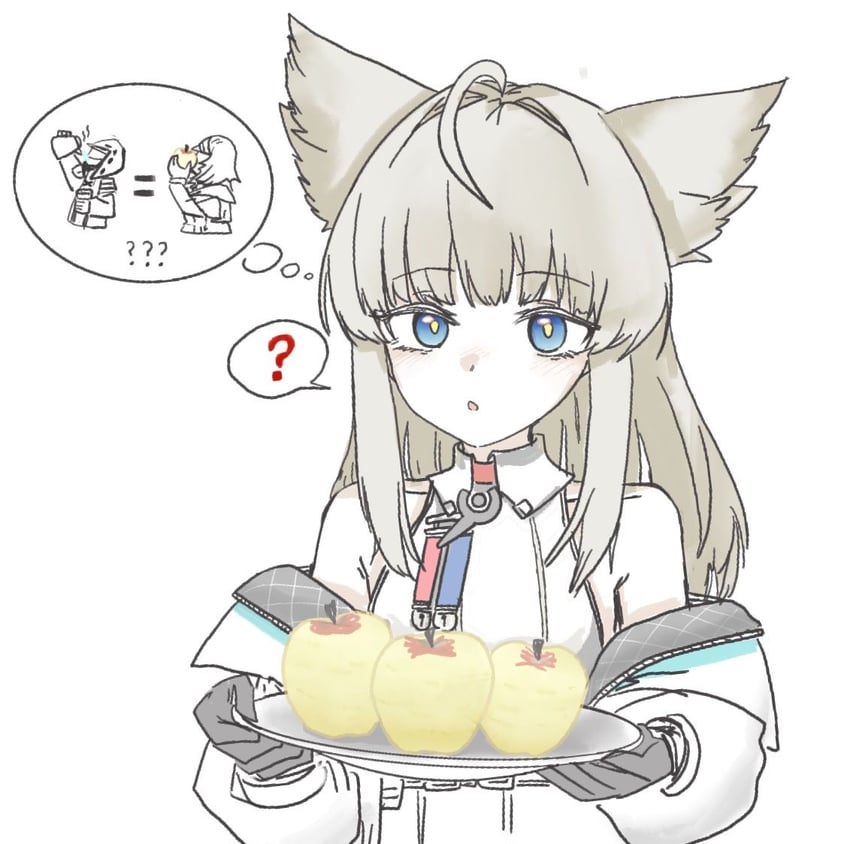 明日方舟、明日方舟：终末地、博士 (明日方舟) 2名女孩 问号 苹果 露肩 蓝眼