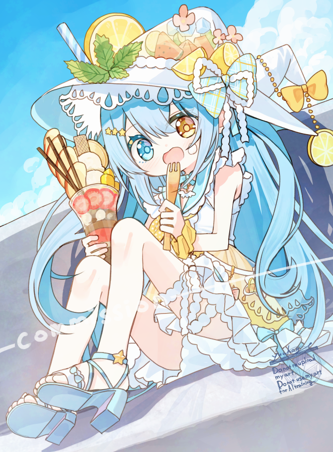 原创 1名女孩 蓝眼 蓝发 蝴蝶结 连衣裙