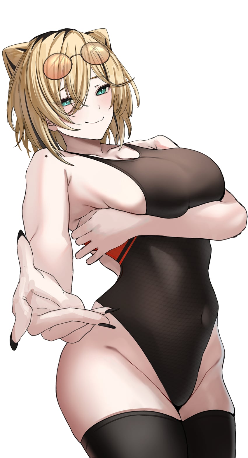 Hololive、hololive DEV_IS、小金井妮可 1名女孩 水色瞳 手臂托在乳房下 黑条纹/黑挑染 金发