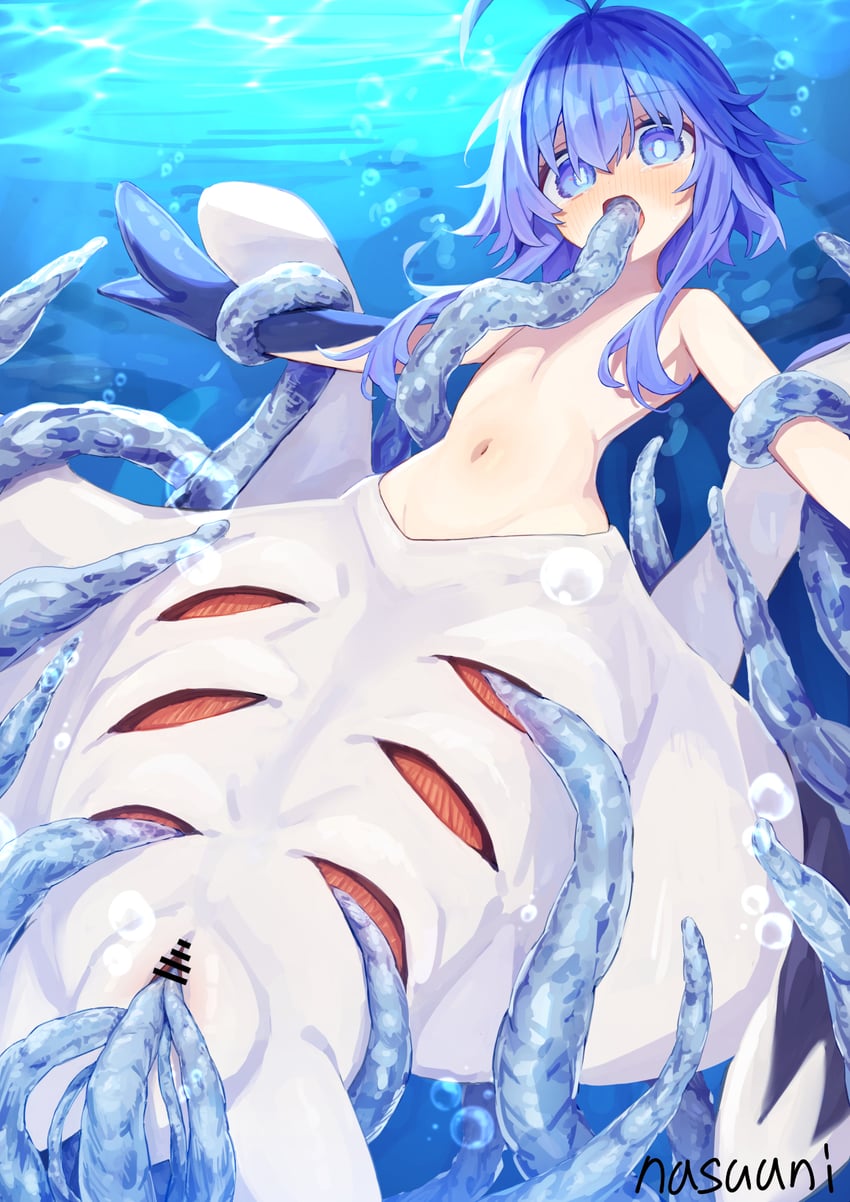 原创 1名女孩 露肩 蓝眼 蓝发 借用的角色