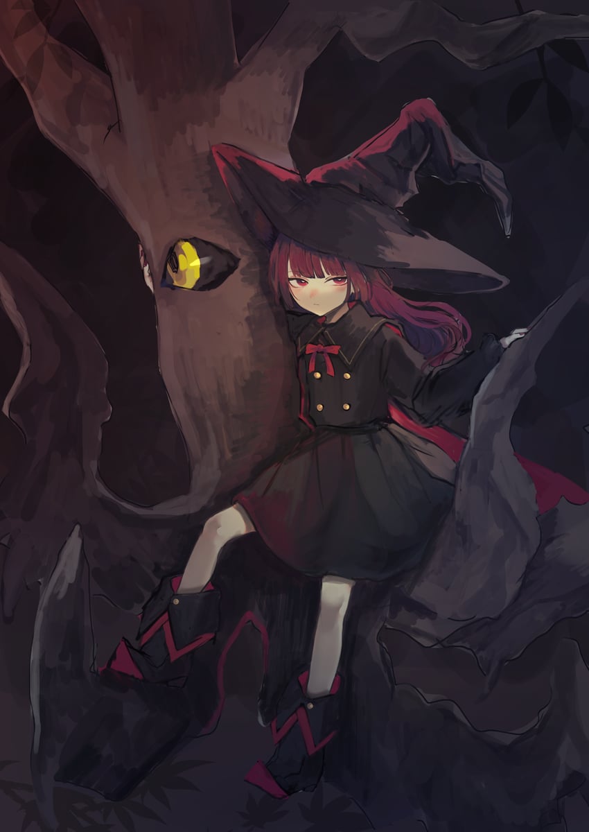 原创 1名女孩 黑色靴子 黑色连衣裙 黑帽子 脸红