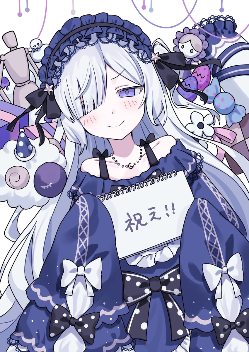 二次元插画 露肩 蓝色连衣裙 蓝色发带 蝴蝶结 糖果