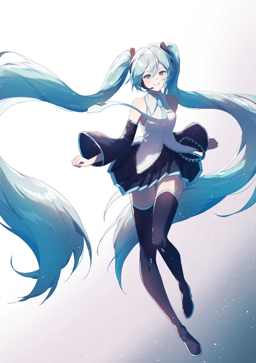 VOCALOID、初音未来 1名女孩 水色瞳 水色发 水蓝色饰边 黑色裙子
