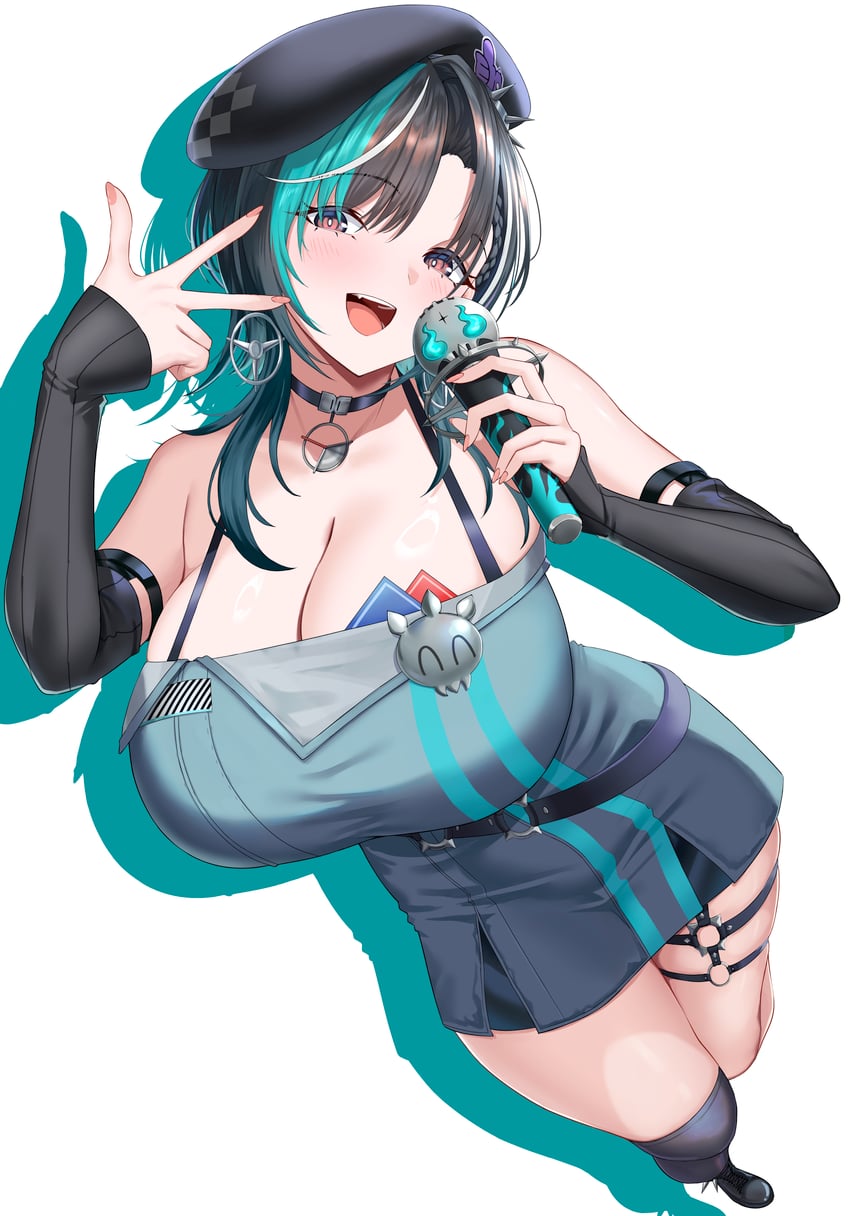 Hololive、hololive DEV_IS、龙胆千早 1名女孩 露肩 贝雷帽 黑色项圈 黑发