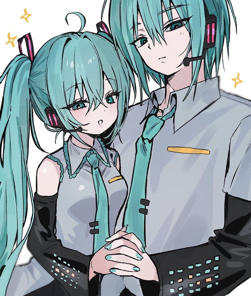 VOCALOID、初音未来、初音未来 (男声版) 1名男孩 1名女孩 水色瞳 水色发 水蓝色指甲