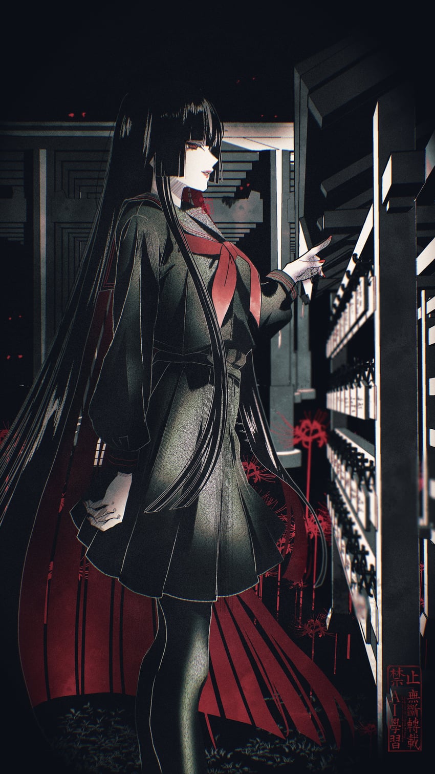 原创 1名女孩 黑发 黑色水手领 黑色水手服 齐刘海