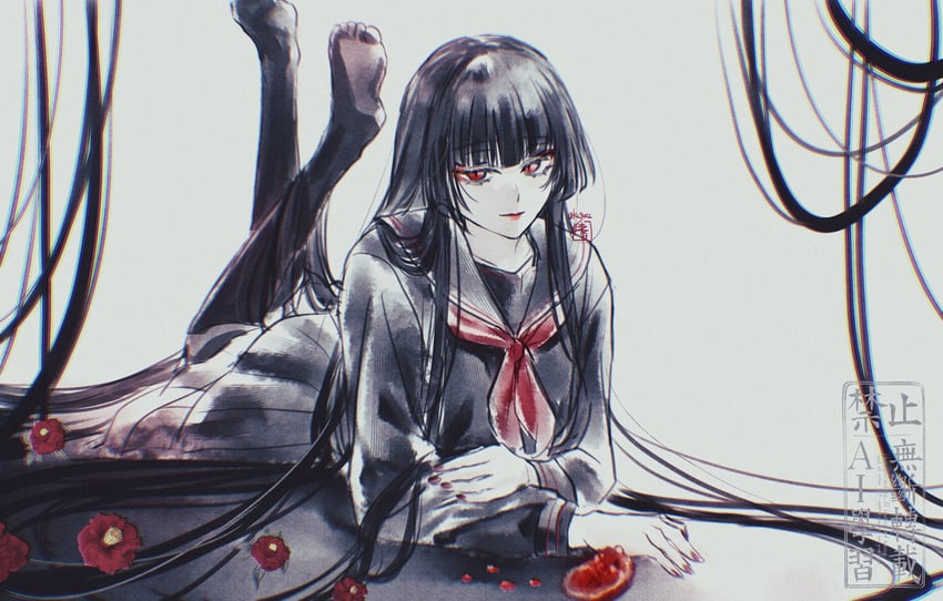 原创 1名女孩 黑发 黑色水手领 黑色水手服 齐刘海