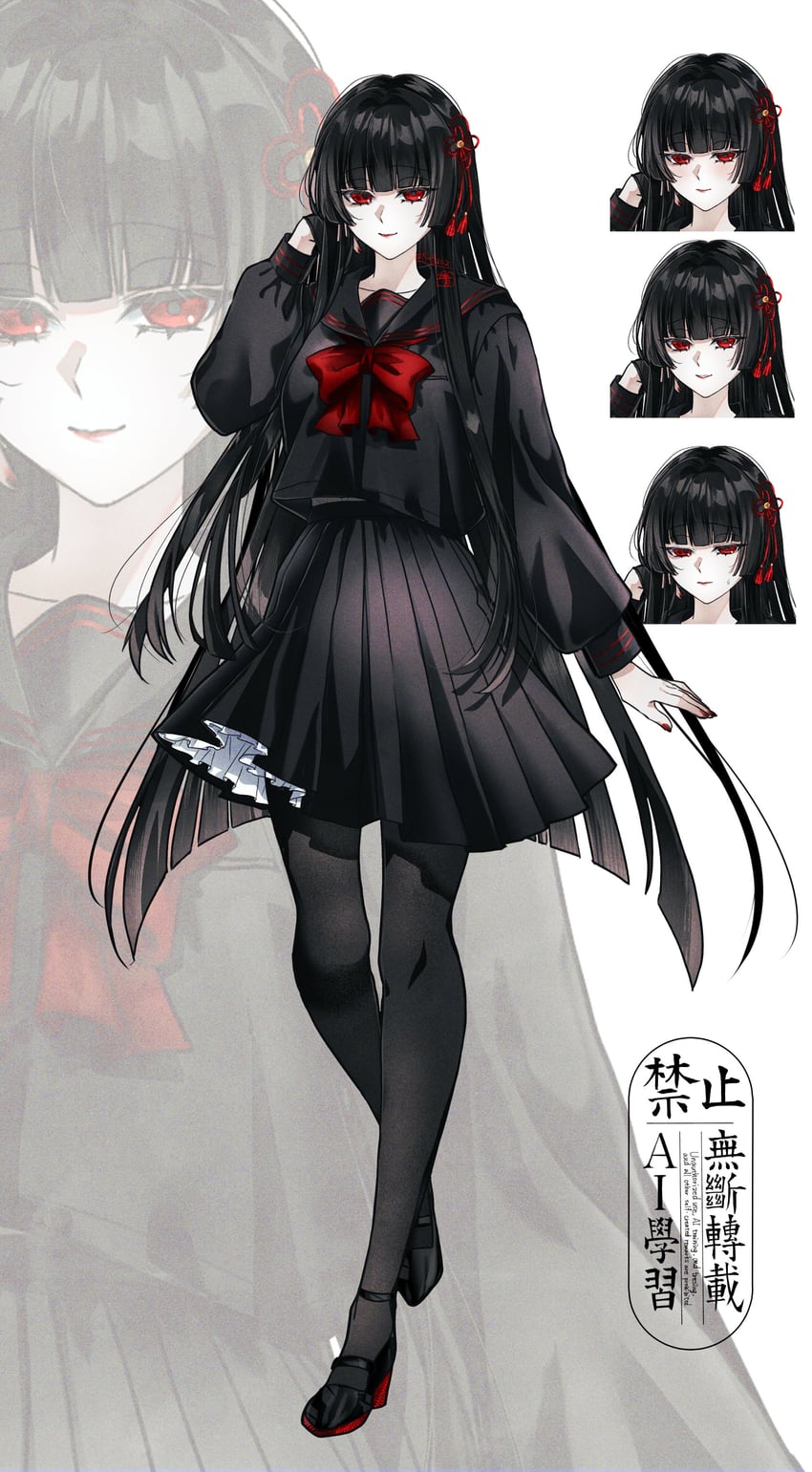 原创 1名女孩 黑发 黑色水手领 黑色水手服 齐刘海
