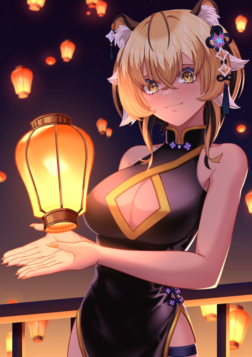 二次元插画 1名女孩 兽耳毛 兽耳 露肩 黑色连衣裙