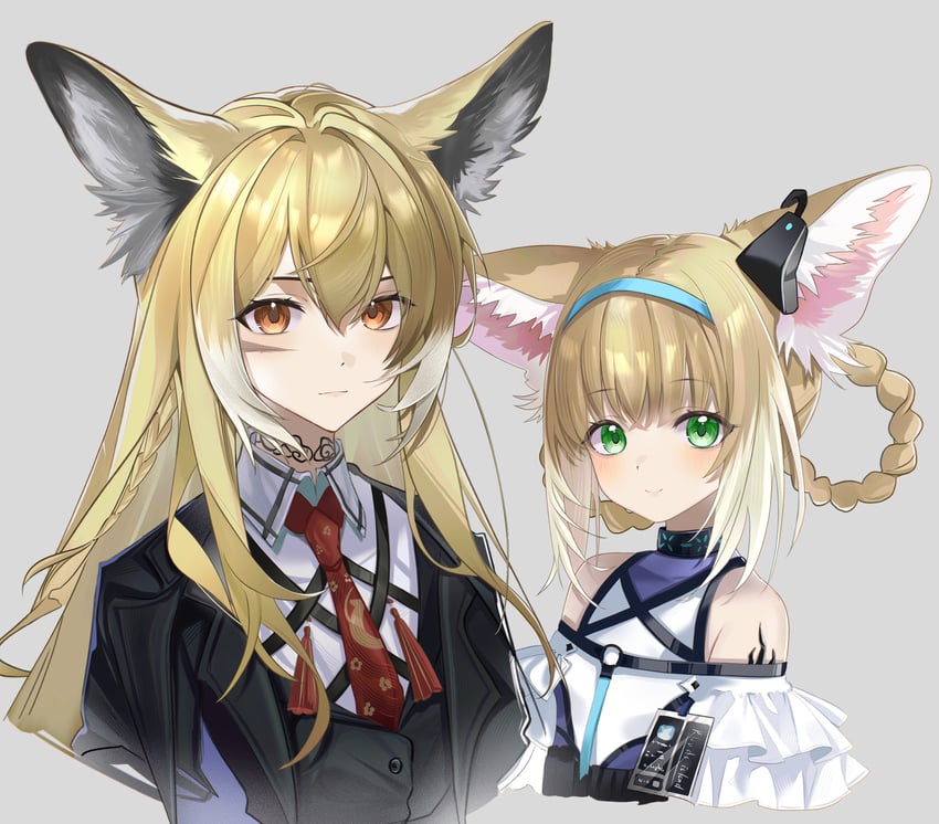 明日方舟、铃兰 (明日方舟)、铃兰 (档案名) 2名女孩 兽耳毛 兽耳 露肩 金发