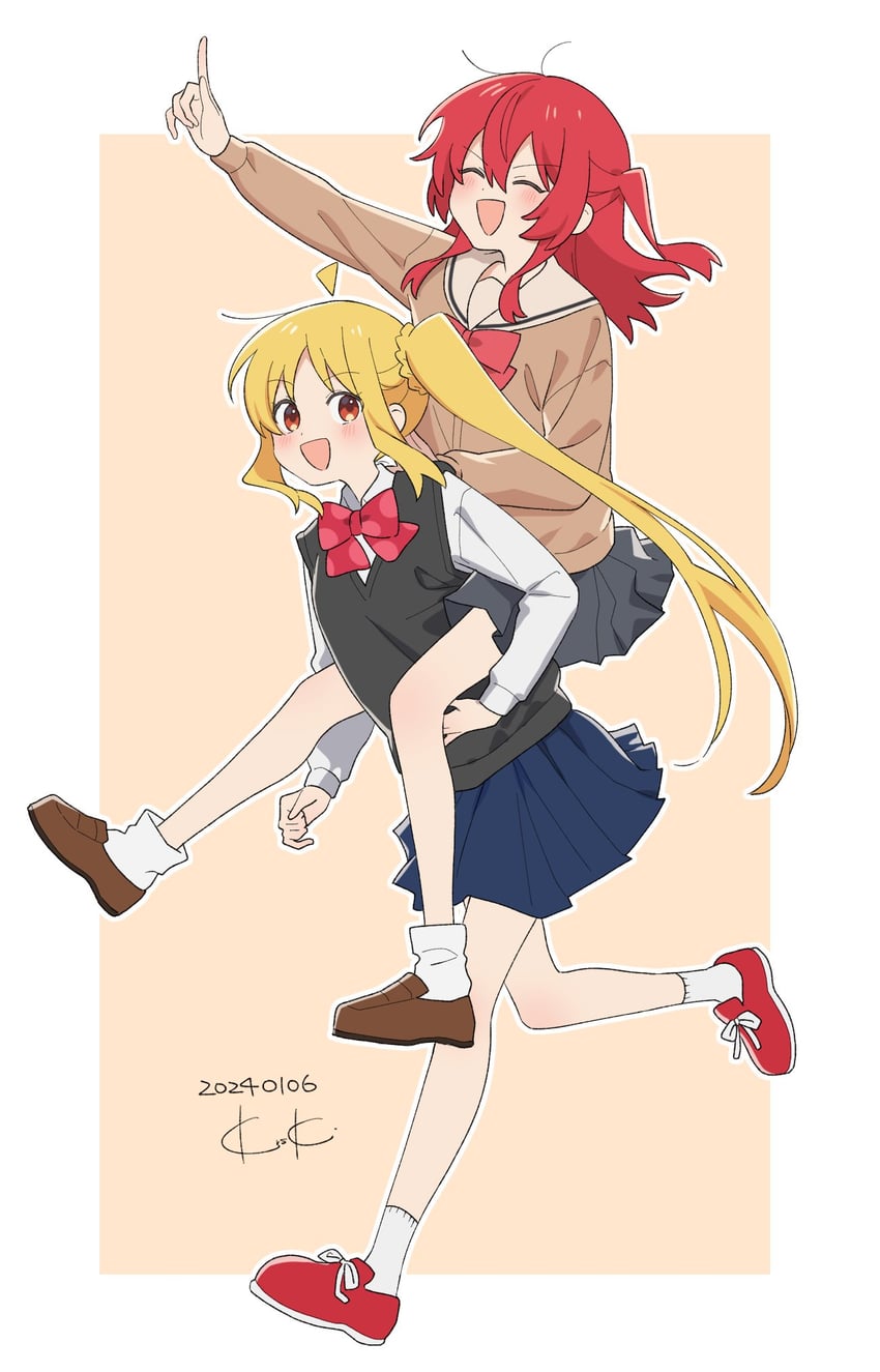 孤独摇滚！、伊地知虹夏、喜多郁代 2名女孩 :D 呆毛 黑色毛衣背心 金发