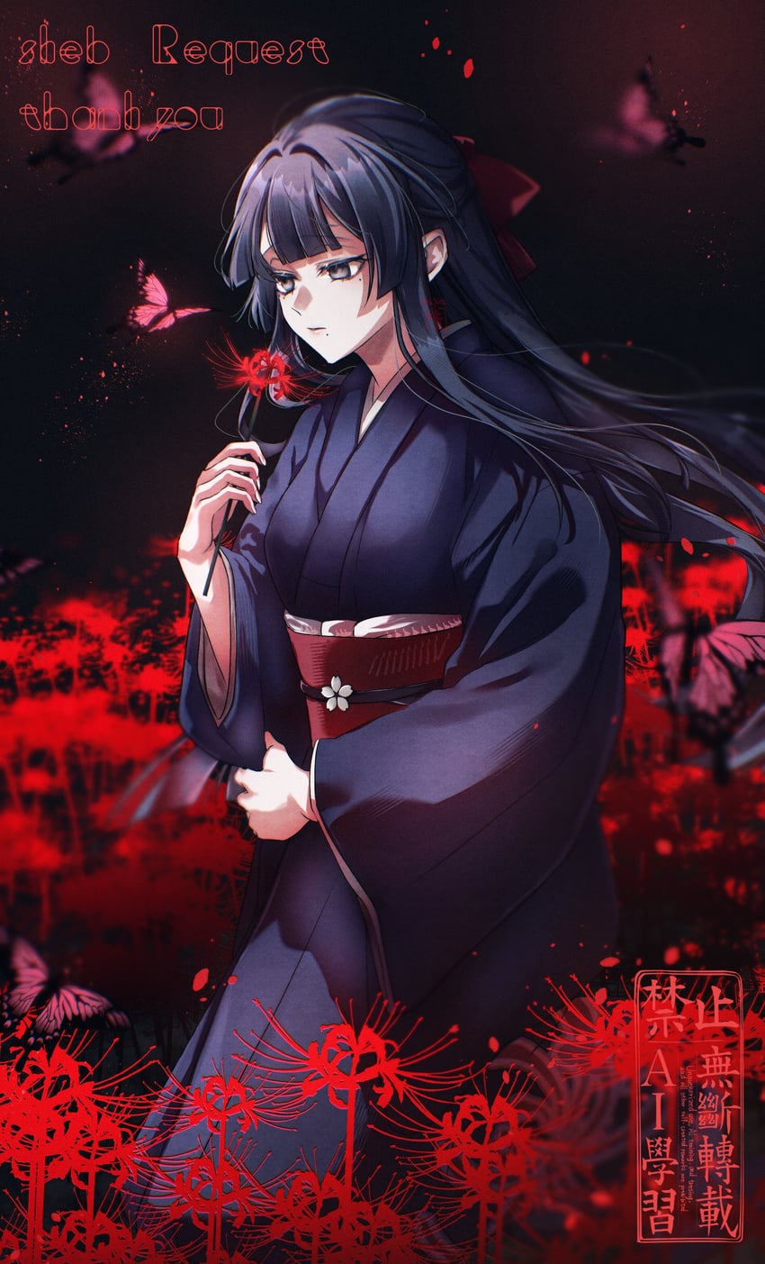 原创 1名女孩 齐刘海 虫子 蝴蝶 花
