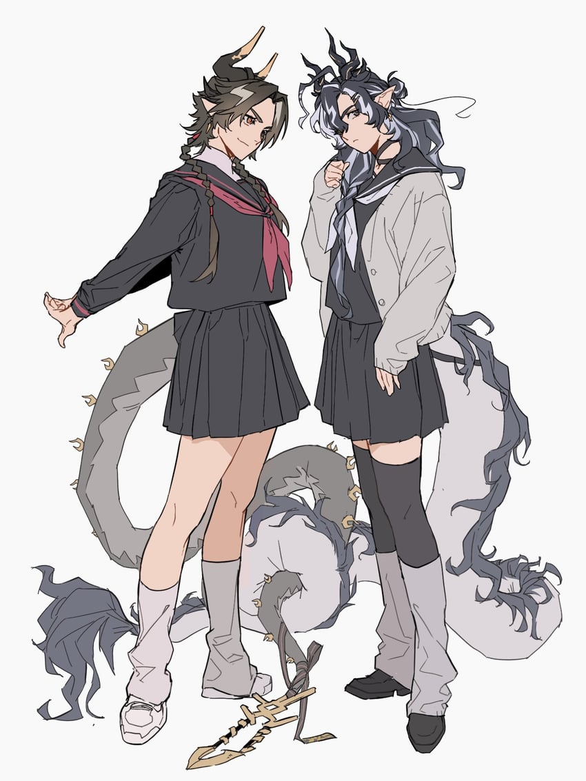 明日方舟、重岳 (明日方舟)、望 (明日方舟) 替换服装 不同发型 双手背在身后 黑发 黑色水手服