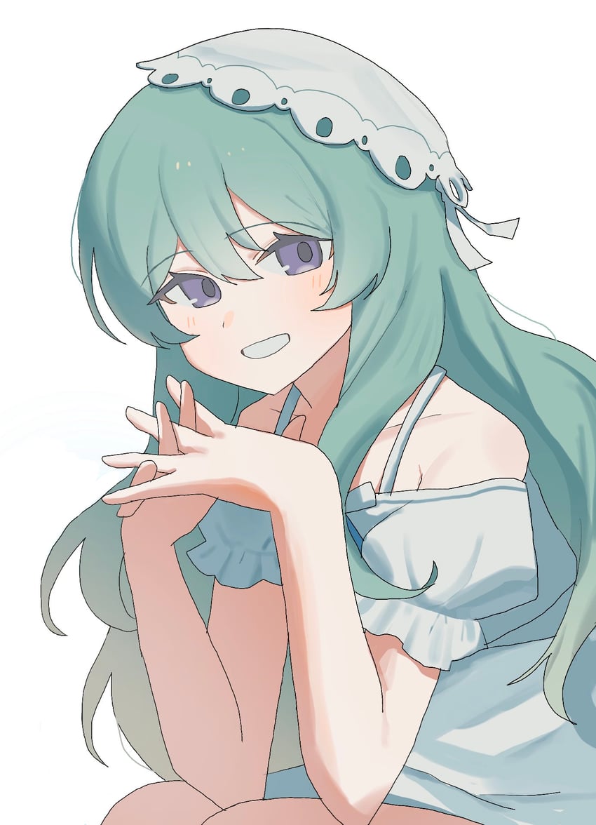 星之光芒、marie (stella glow) 1名女孩 蓝发 连衣裙 帽子 十指紧扣
