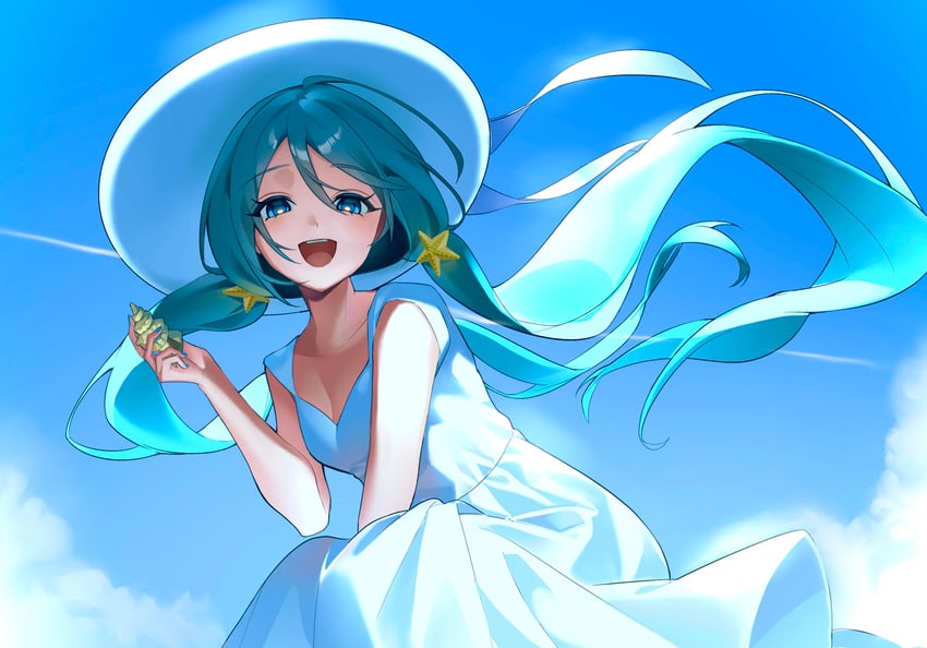 VOCALOID、初音未来 1名女孩 蓝眼 蓝发 连衣裙 快乐