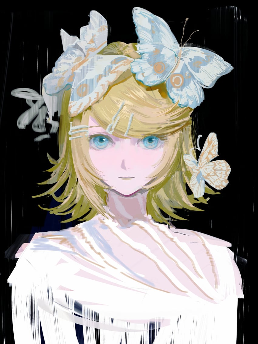 VOCALOID、镜音铃 1名女孩 金发 蓝眼 波波头 蝴蝶发饰