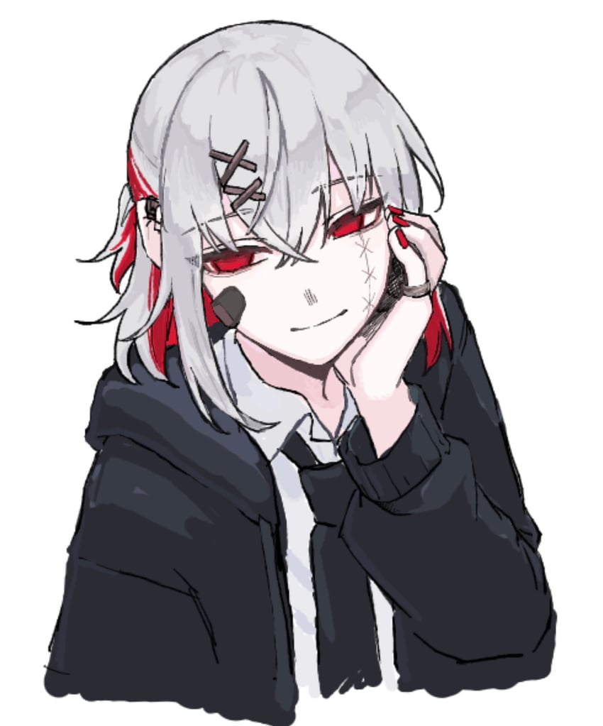 魔法少女的小镇审判、志藤亚里沙 1名女孩 创可贴 脸上的创可贴 黑色卫衣 黑色领带