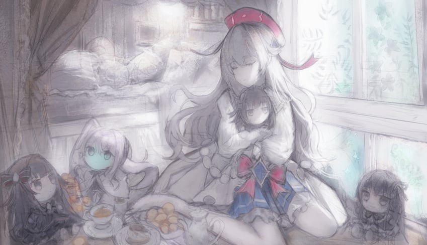 韵律源点 Arcaea、爱酱 (Arcaea)、光 (Arcaea) 卧室 贝雷帽 蓝裙子 角色人偶 闭眼