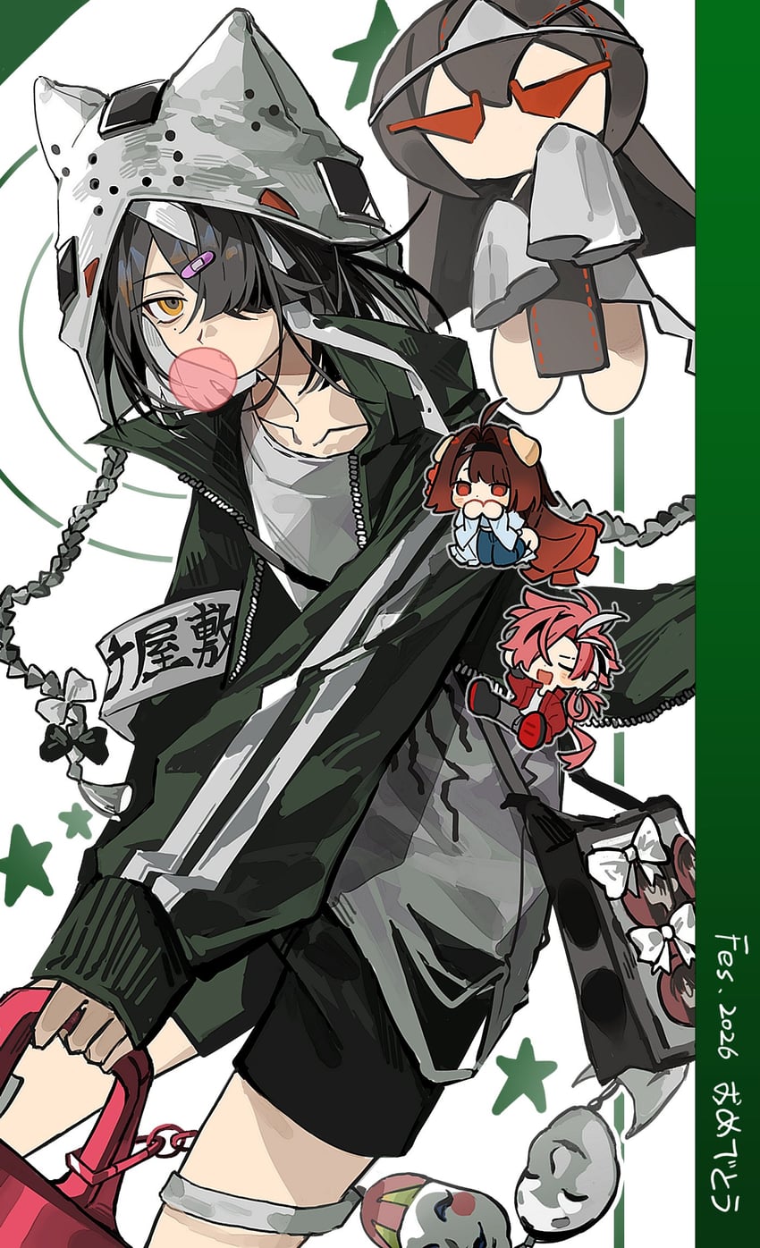 Fate/Grand Order、Fate系列、曲亭马琴(Fate) 1名男孩 2名女孩 兽耳 黑发 吹泡泡糖