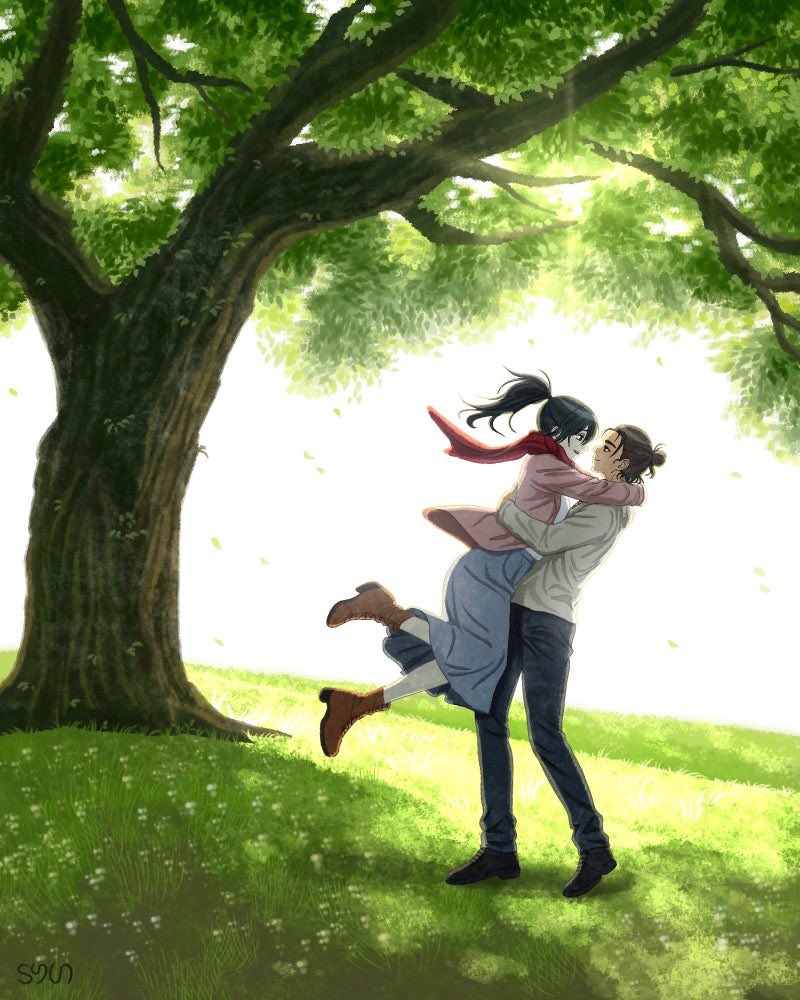 进击的巨人、艾伦·耶格尔、三笠·阿克曼 1名男孩 1名女孩 勾住脖子 作者名 黑发