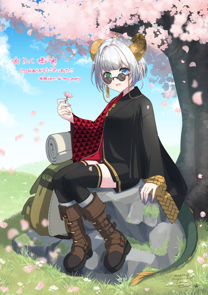 原创 1名女孩 背包 包 黑色过膝袜 蓝天