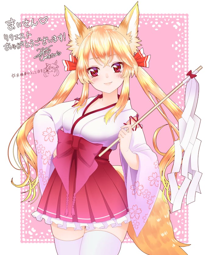 原创 兽耳 金发 脸红 花卉印花 狐耳