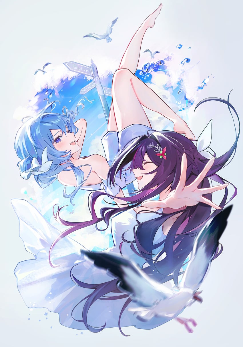 Hololive、AZKi、星街彗星 2名女孩 露肩 赤脚 鸟 蓝眼