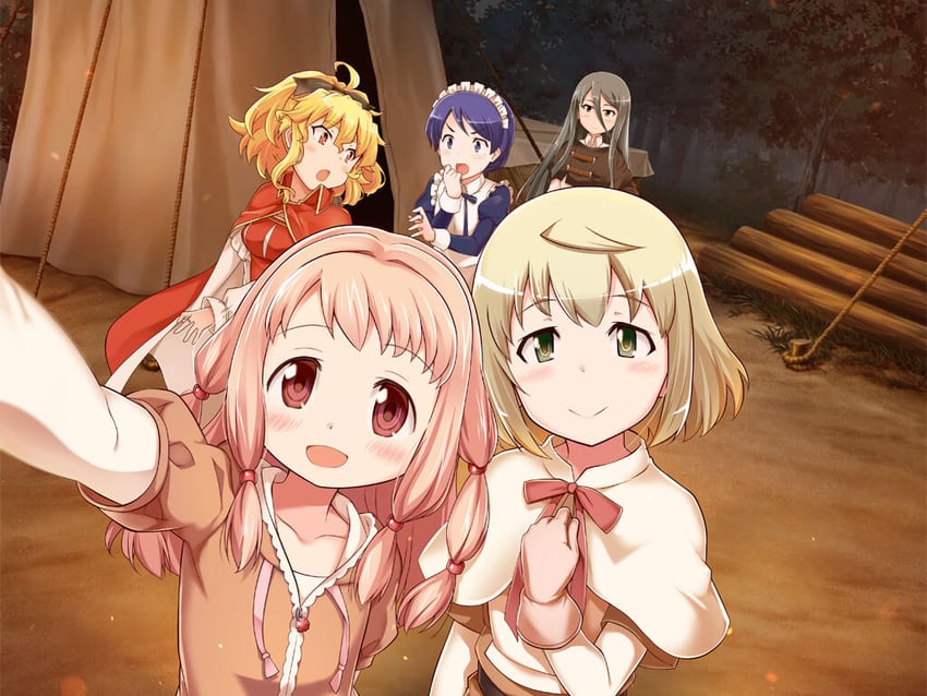 魔法纪录 魔法少女小圆外传、魔法少女小圆、魔法少女塔特玛吉卡 5名女孩 呆毛 围裙 举手 腰带