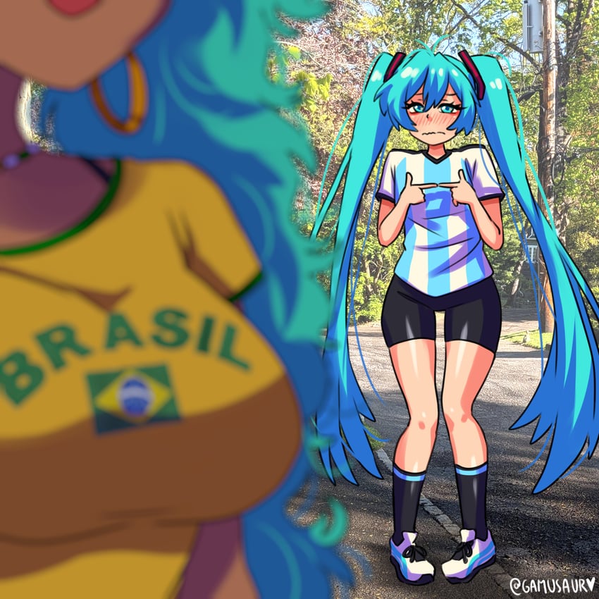 VOCALOID、阿根廷初音 (迷因)、巴西初音 2名女孩 水色瞳 水色发 阿根廷国旗 阿根廷国旗印花