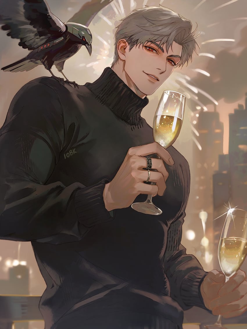 恋与深空、秦彻（恋与深空） 1名男孩 烟花 酒 肩上的动物 举起双手