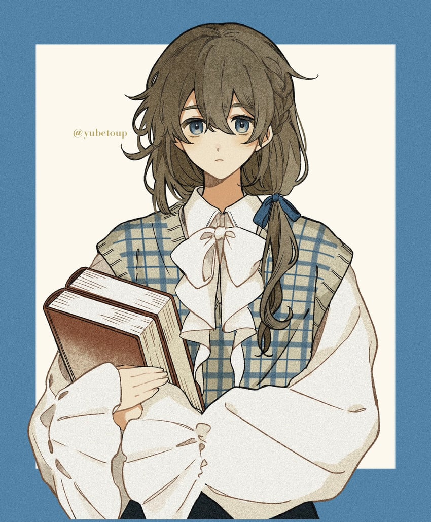 原创 1名女孩 蓝色背景 蓝色边框 蓝眼 蓝色丝带