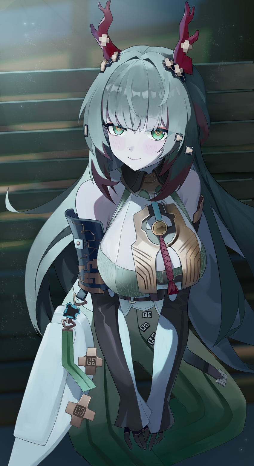 明日方舟、明日方舟：终末地、庄芳怡 (明日方舟) 1名女孩 露肩 长椅 黑色袖子 乳房