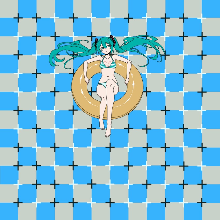 VOCALOID、初音未来 1名女孩 水色瞳 水色发 赤脚 比基尼
