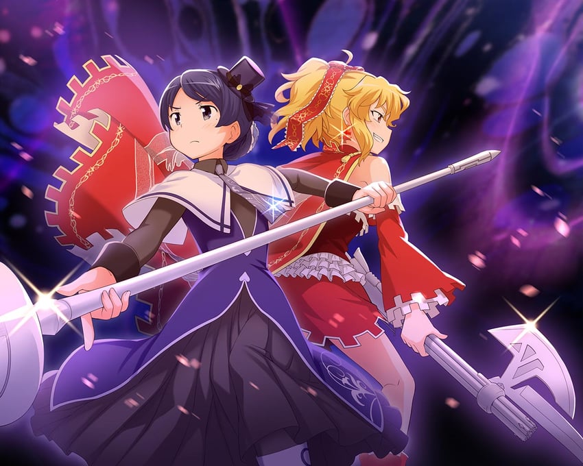 魔法纪录 魔法少女小圆外传、魔法少女小圆、魔法少女塔特玛吉卡 2名女孩 呆毛 背靠背 露肩 黑色蝴蝶结