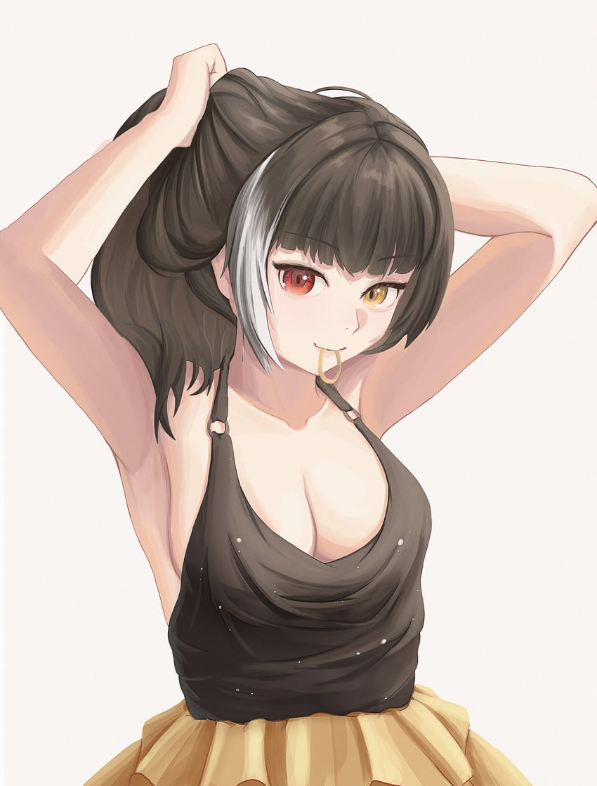 少女前线、少女前线2：追放、RO635 (执法者) (少女前线) 腋下 双手抱头 黑色连衣裙 黑发 乳房