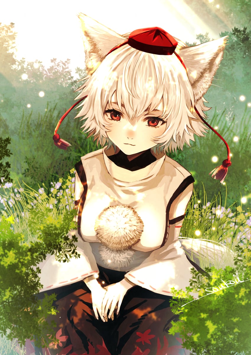 东方Project、犬走椛 1名女孩 兽耳 黑色裙子 灌木 闭嘴