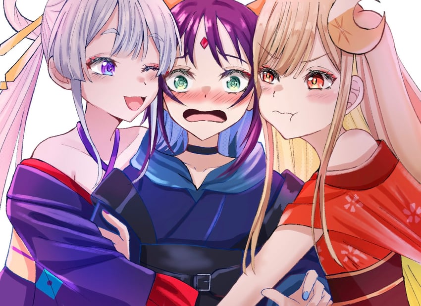 超辉夜姬!、辉夜 (超辉夜姬!)、留奈美八千代 3人女子 脸红 交叉挂脖 菱形 菱形面纹
