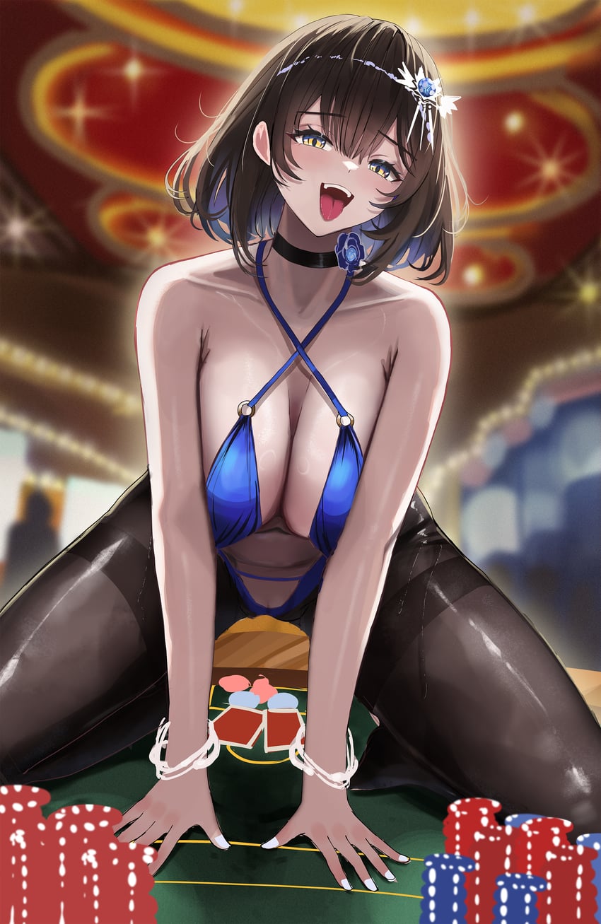棕色尘埃系列、棕色尘埃2、莎赫扎德 (棕色尘埃) 1名女孩 手臂支撑 露肩 黑色项圈 蓝色连体泳衣