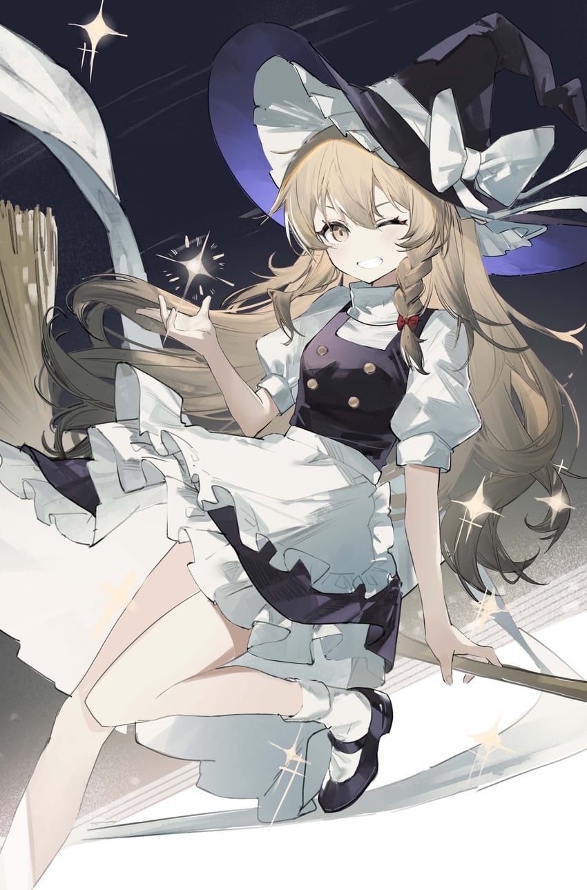东方Project、雾雨魔理沙 1名女孩 围裙 后背蝴蝶结 黑帽子 黑鞋