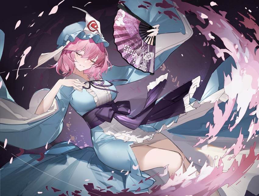 东方Project、西行寺幽幽子 蓝帽子 蓝色和服 乳房 闭眼 面向观众