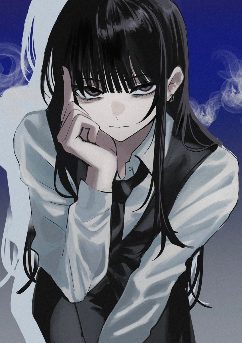 原创 1名女孩 眼袋 黑瞳 黑色领带 黑裤子