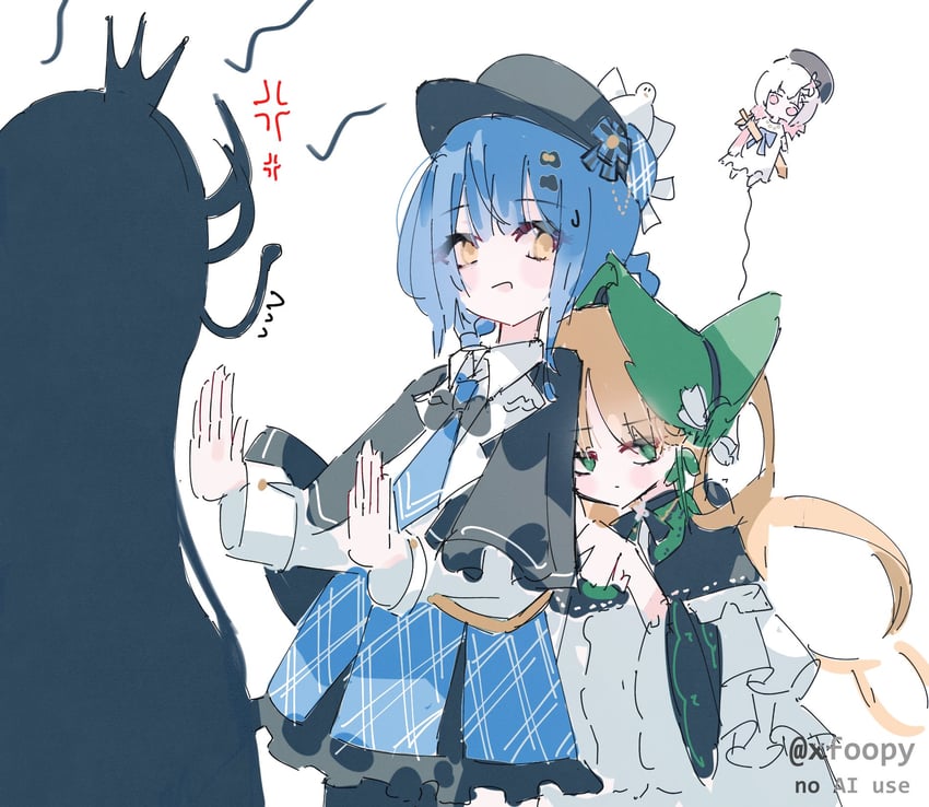 魔法少女的小镇审判、二阶堂博、樱庭绘麻 3人女子 青筋 作者名 不对称腿部穿着 帽子上的鸟饰