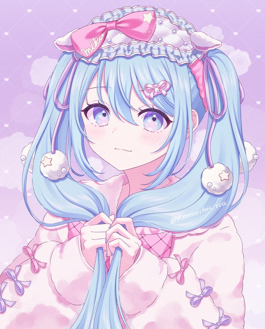 VOCALOID、初音未来 1名女孩 水色瞳 水色发 水蓝色指甲 脸红