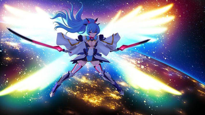 shinsou kenki arch saver、arch kalmia、fuyunagi tsubasa 1名女孩 铠甲 铠甲靴 蓝眼 蓝发