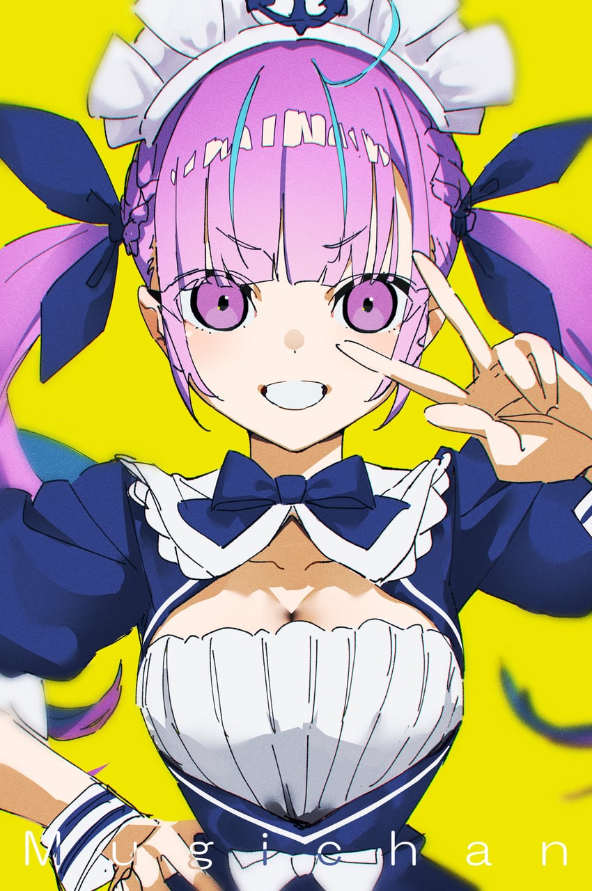 Hololive、凑阿库娅、凑阿库娅 (第一套服装) 1名女孩 呆毛 锚标志 举手 作者名