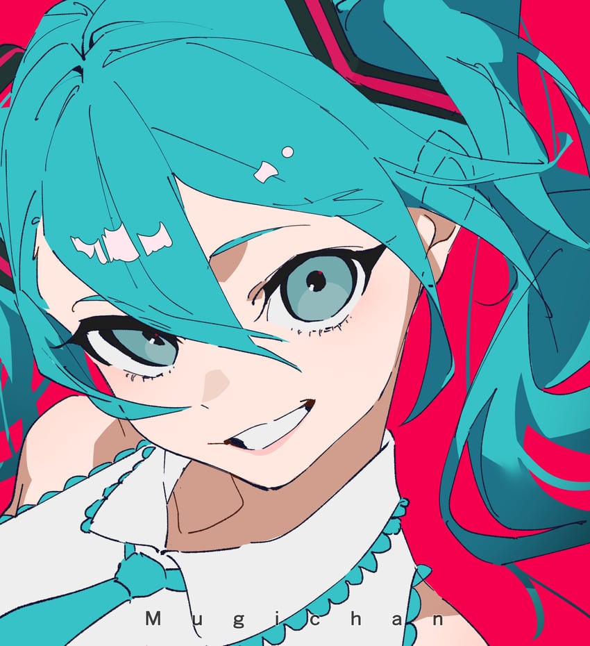 VOCALOID、初音未来 1名女孩 水色瞳 水色发 水蓝色领带 水蓝色饰边