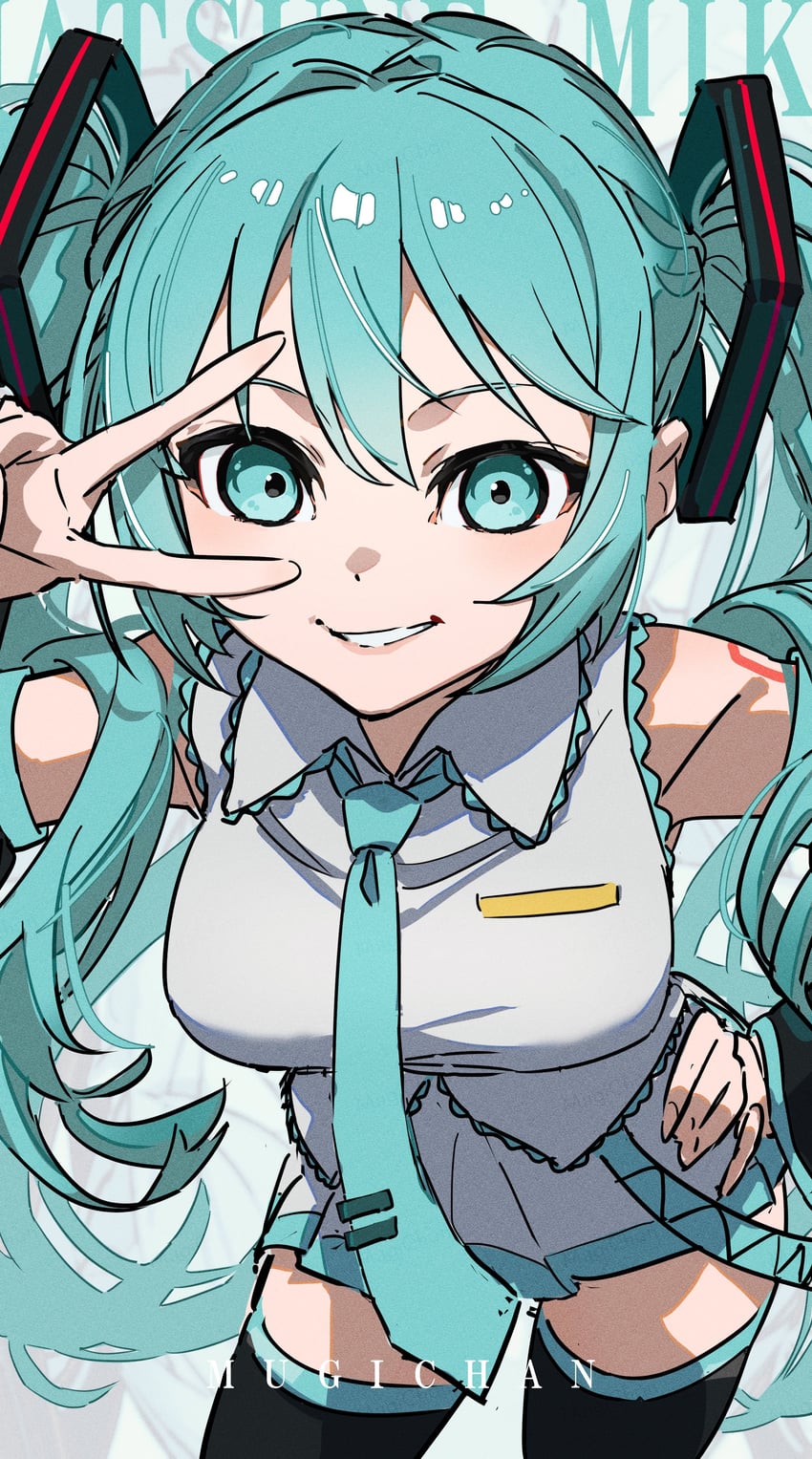 VOCALOID、初音未来 1名女孩 水色瞳 水色发 水蓝色领带 水蓝色饰边