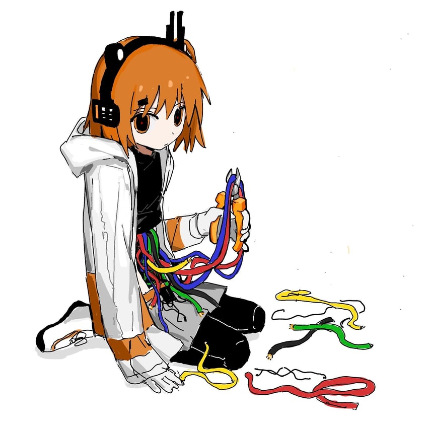 AI语音、UTAU、足立怜 1名女孩 机器人 黑色连裤袜 黑衬衫 电缆