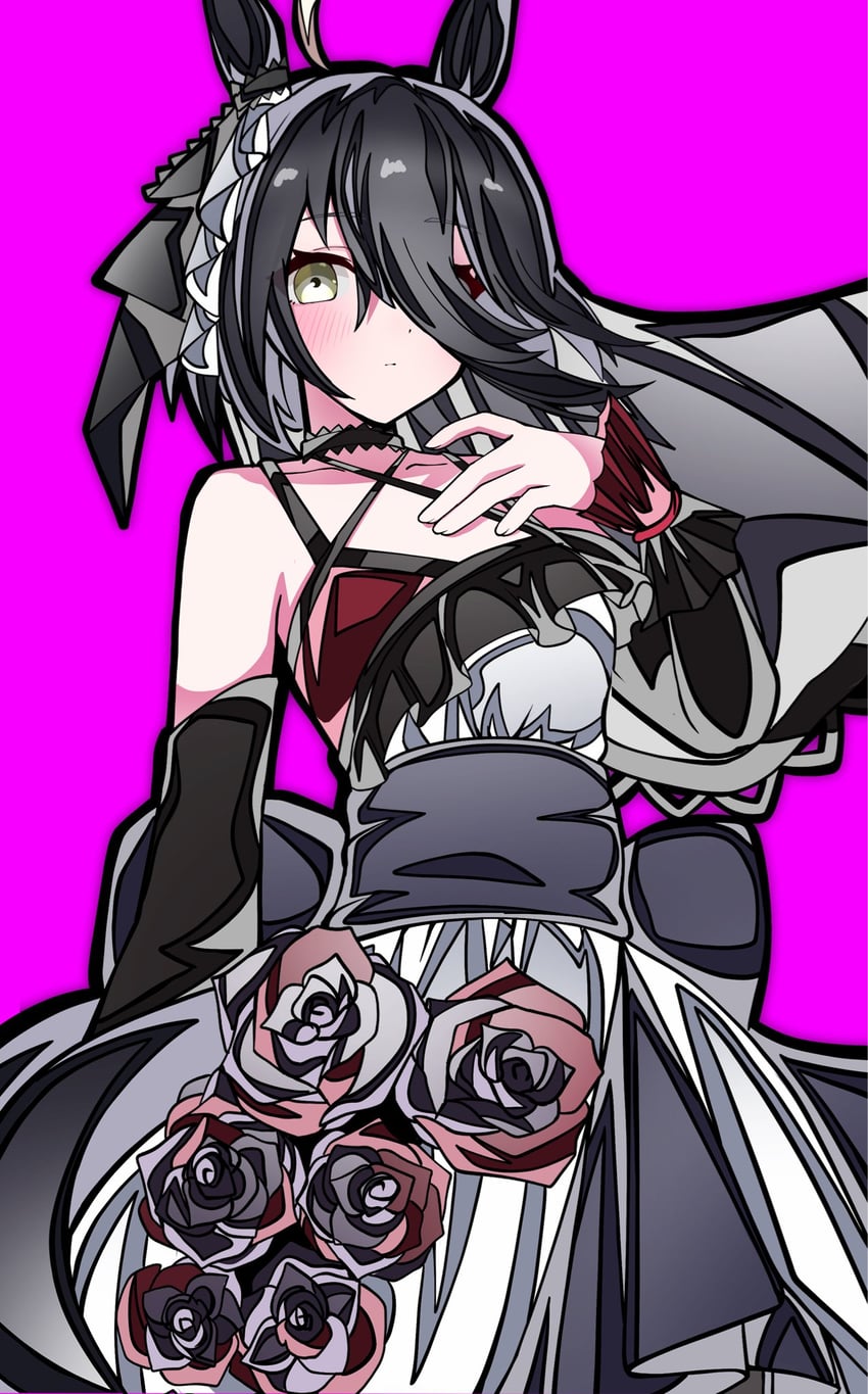 赛马娘、曼城茶座 (Mysterious Rose) (赛马娘)、曼城茶座 (赛马娘) 1名女孩 兽耳 露肩 黑花 黑发